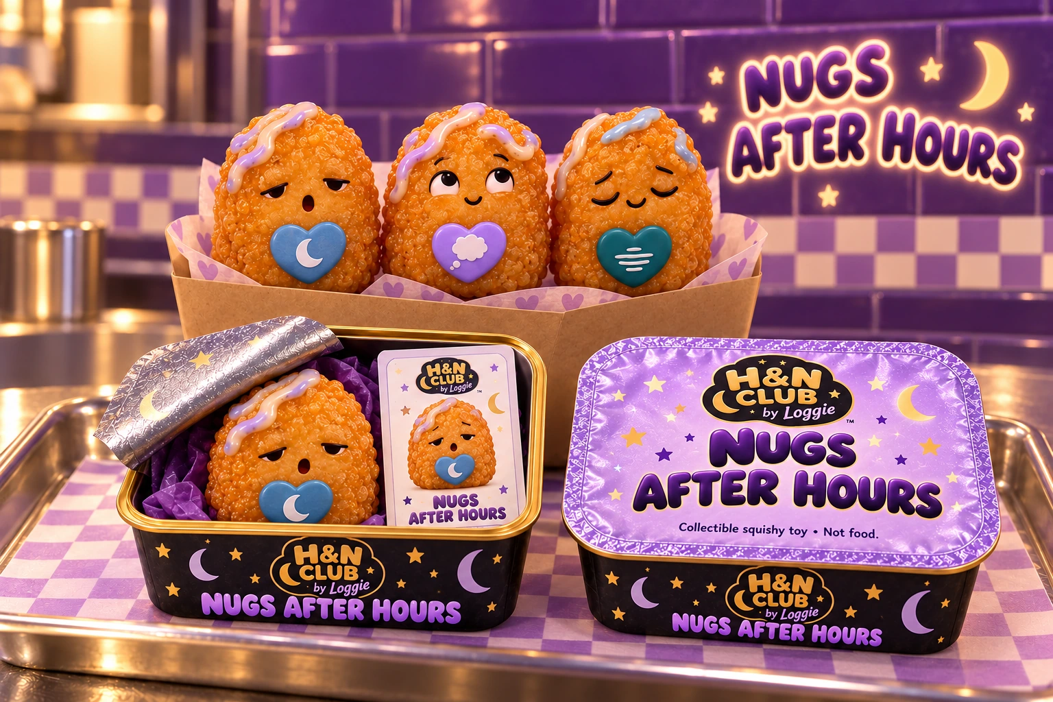 Nugs After Hours collectible crew at the Nug serving station with shallow rectangular peel-back surprise containers, one opened display and one sealed package