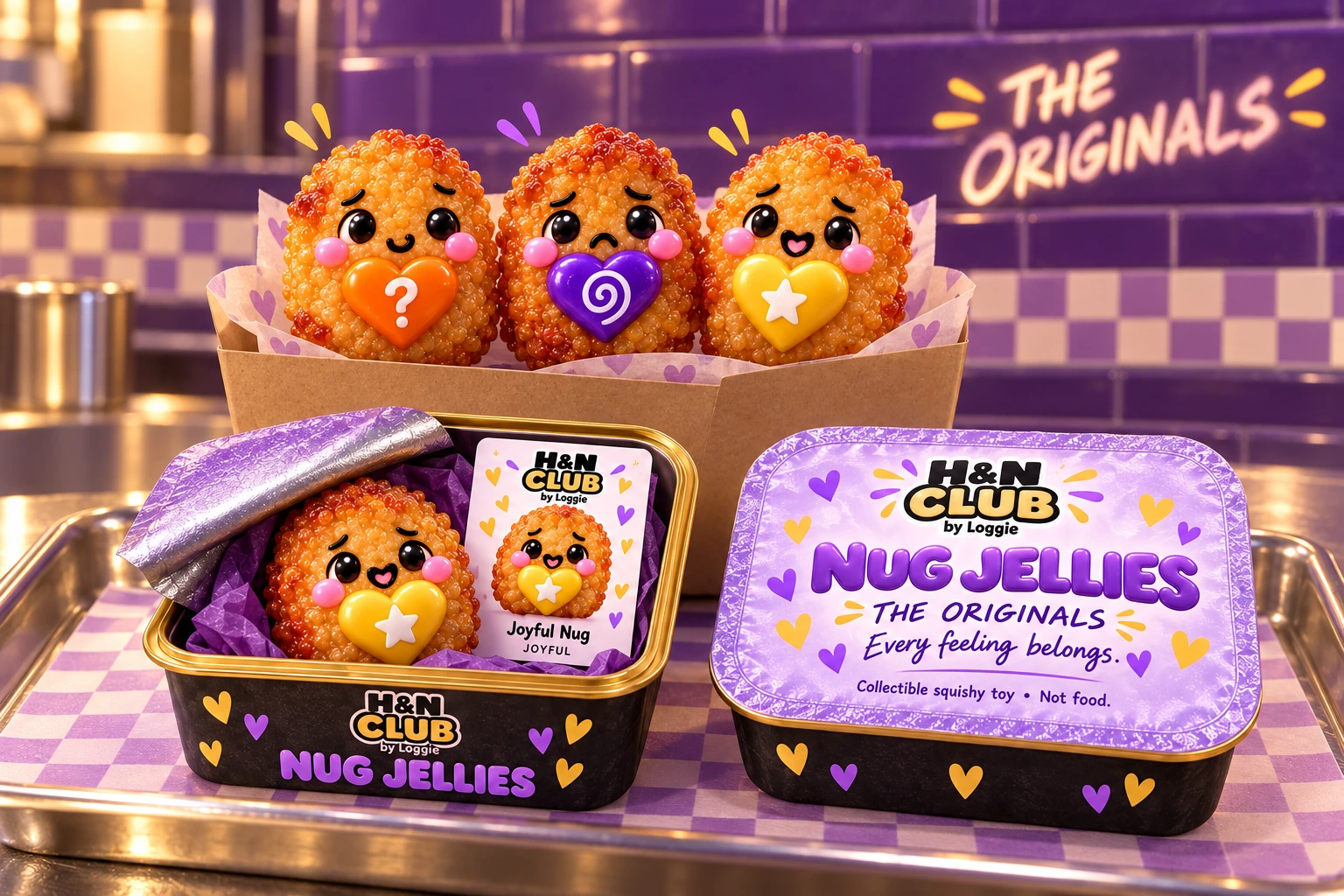 The Originals collectible crew at the Nug serving station with shallow rectangular peel-back surprise containers, one opened display and one sealed package