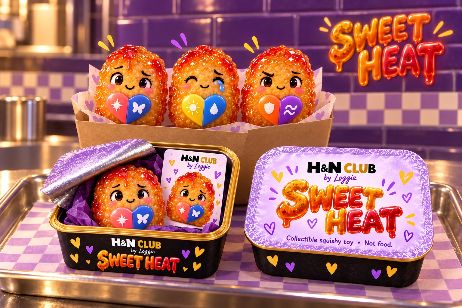 Sweet Heat collectible crew at the Nug serving station with shallow rectangular peel-back surprise containers, one opened display and one sealed package