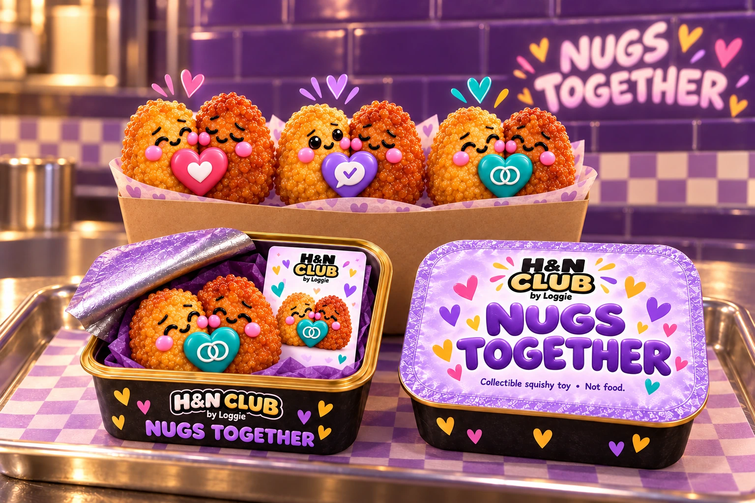 Nugs Together display showing a mystery duo in a shallow rectangular peel-back container beside a sealed package at the Nug serving station