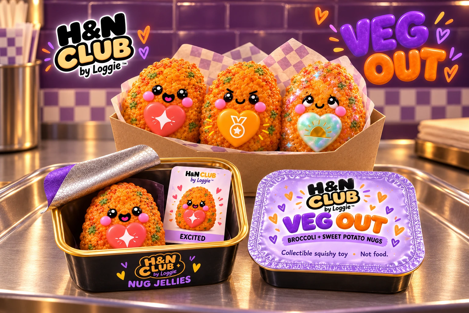 Veg Out collectible crew at the Nug serving station with shallow rectangular peel-back surprise containers, one opened display and one sealed package