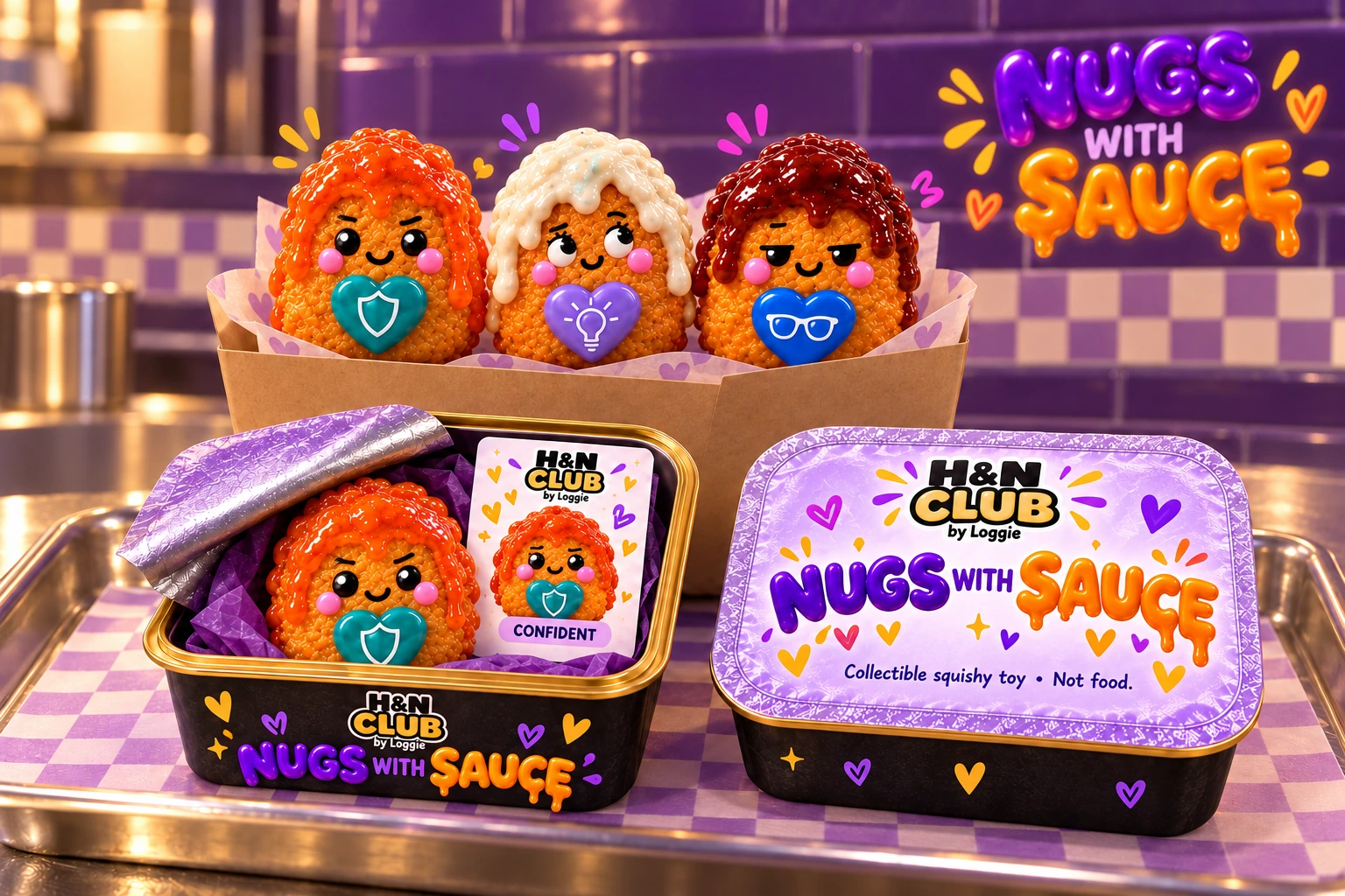 Nugs With Sauce collectible crew at the Nug serving station with shallow rectangular peel-back surprise containers, one opened display and one sealed package