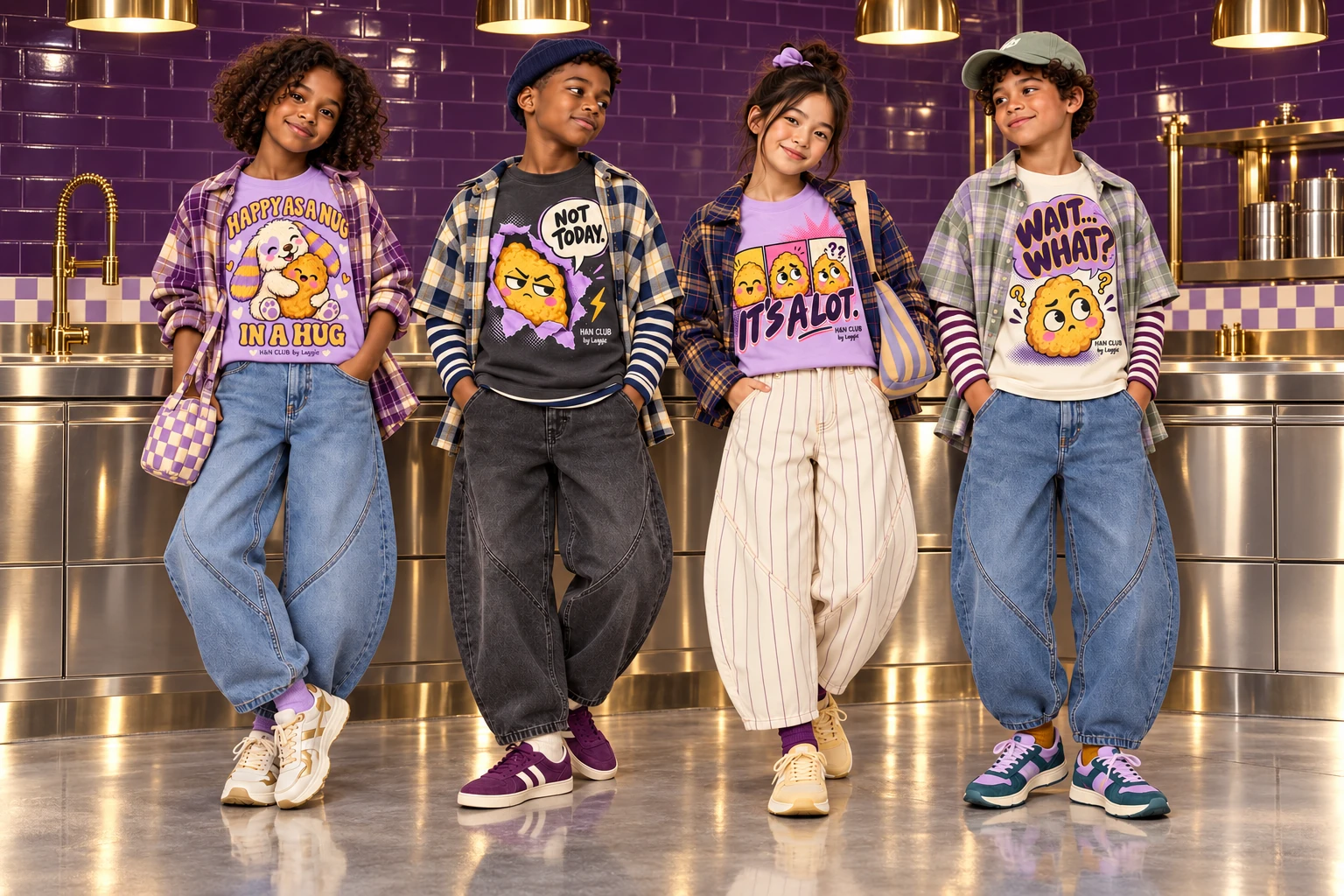 Four young models wearing mood graphic tees, layered shirts and relaxed trousers in the plum-tiled Hug and Nug setting.