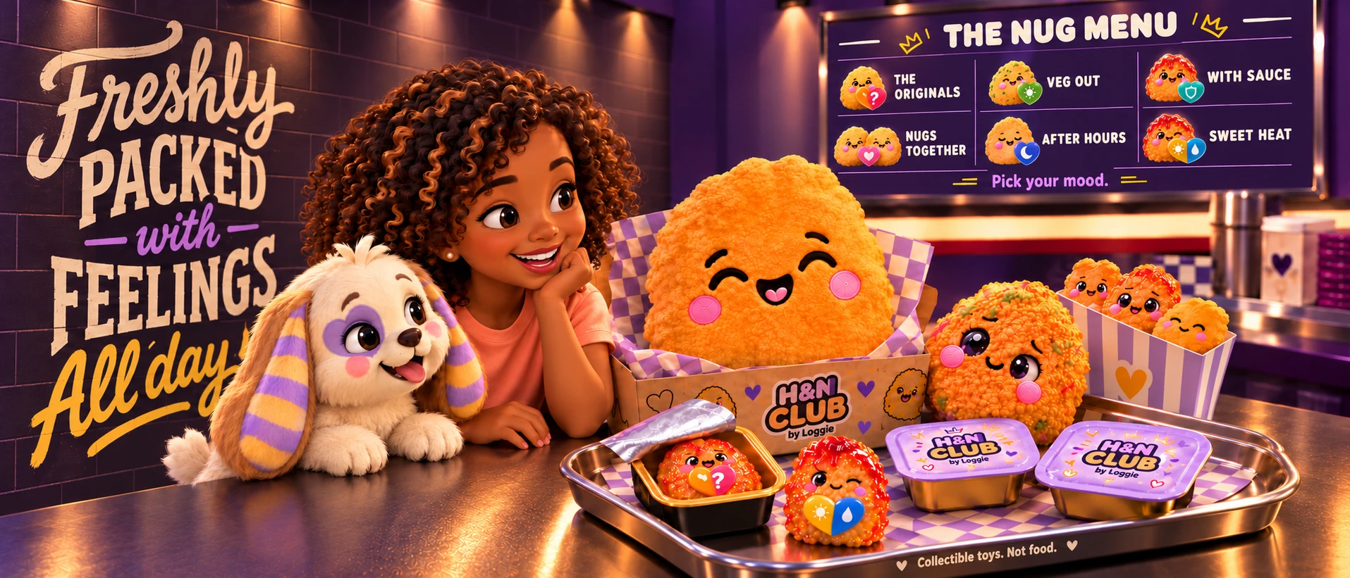 Illustrated H&N Club counter with Nug characters, a collection menu board and toy surprise containers. Collectible toys, not food.
