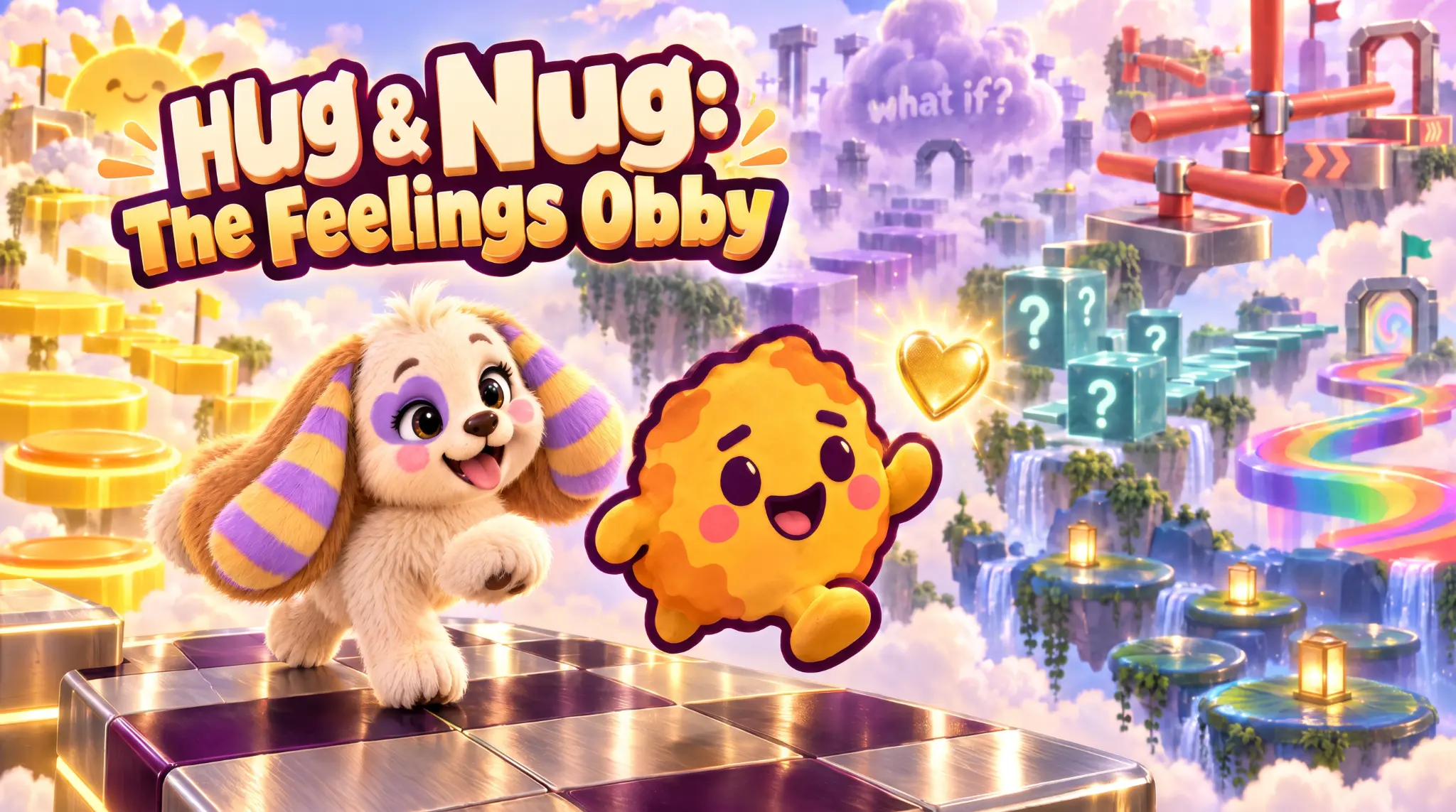 Hug and Nug on the colourful obstacle courses in The Feelings Obby game cover.