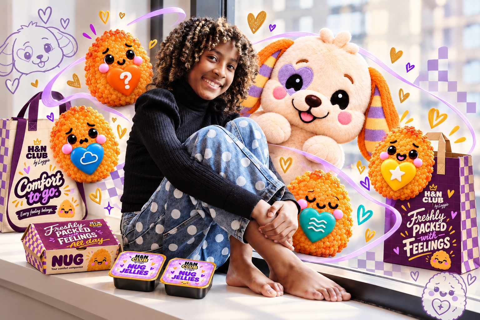 Logan seated beside Hug and Nug characters and colourful takeaway-style toy packaging.