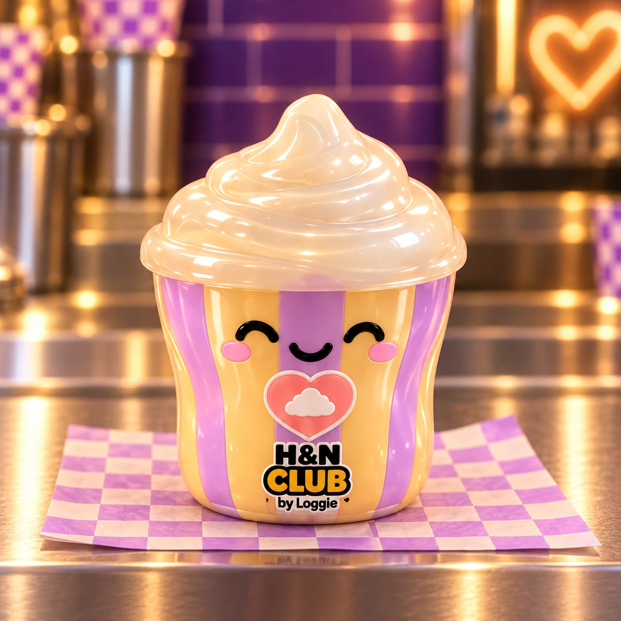 Cloud Shake squishy: a glossy gold and lilac striped cup with a cream swirl and coral cloud heart.