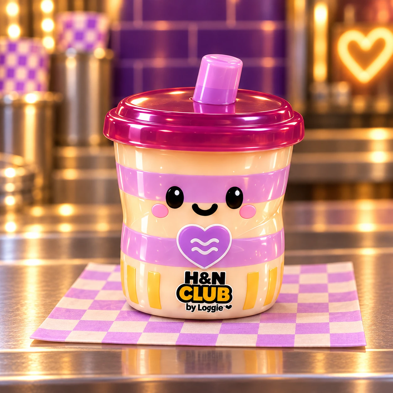 Comfort Cup squishy: a glossy cream and lilac striped cup with a translucent plum lid, short straw and purple waves heart.