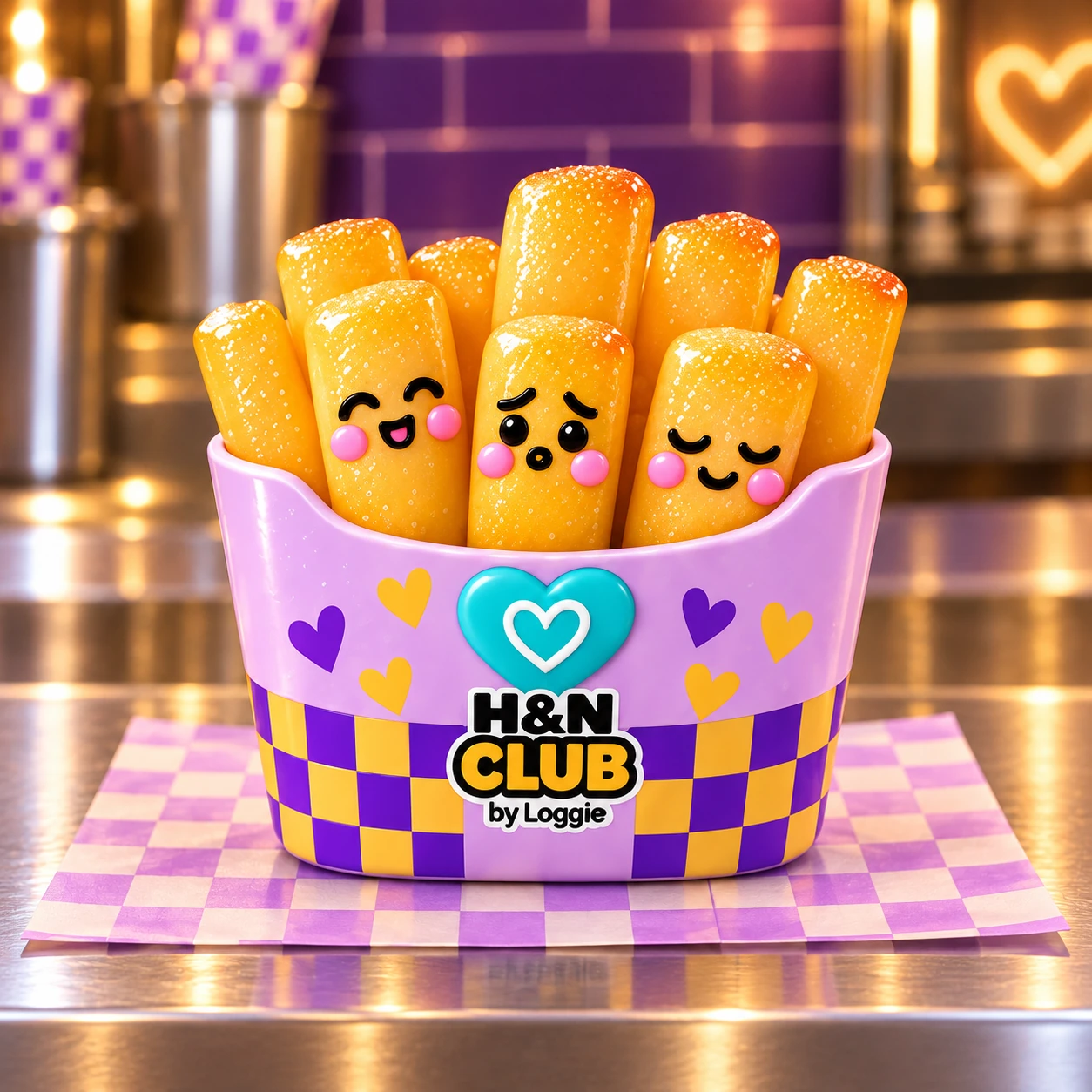The Fry Crew squishy with three expressive fries in a lilac carton with a purple and gold checker pattern and teal heart, with plain fries behind them.