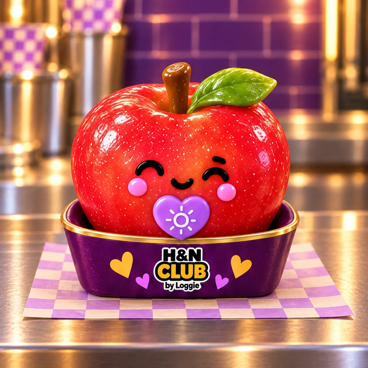 Little Apple squishy: a whole glossy red apple with a green leaf, purple sun heart and branded plum base.