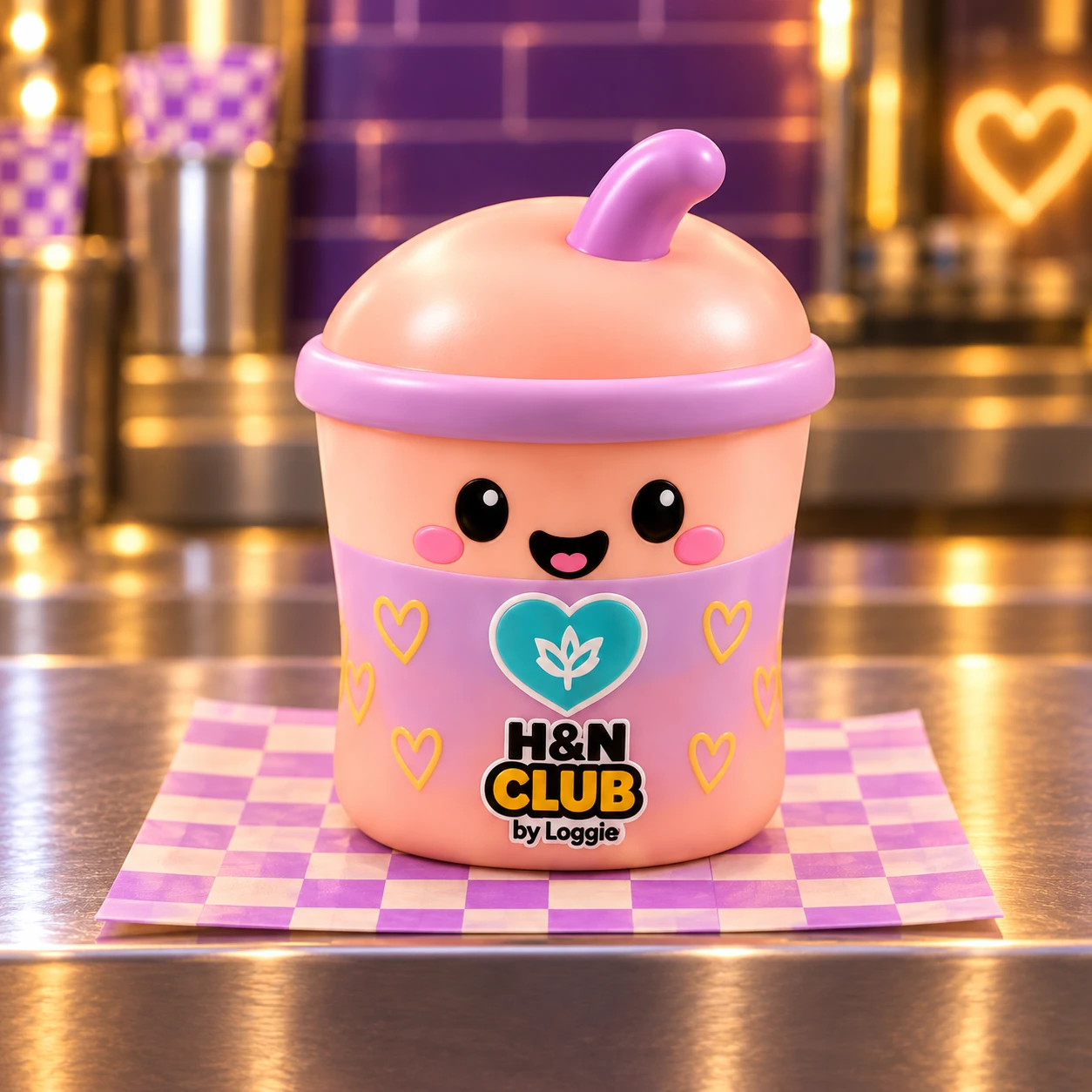 Smoothie Sidekick squishy: a soft peach cup with a lilac sleeve, short curved straw and teal leaf heart.