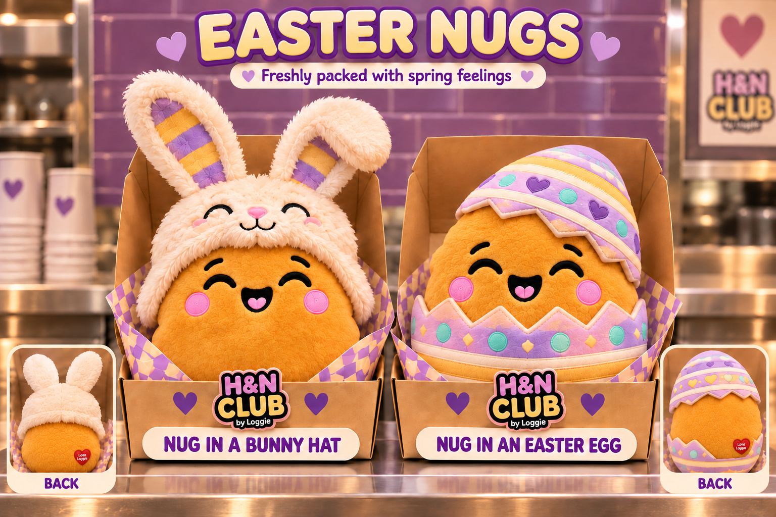Easter Nug stuffie previews in a bunny hat and an Easter egg outfit, with small back views showing heart patches.