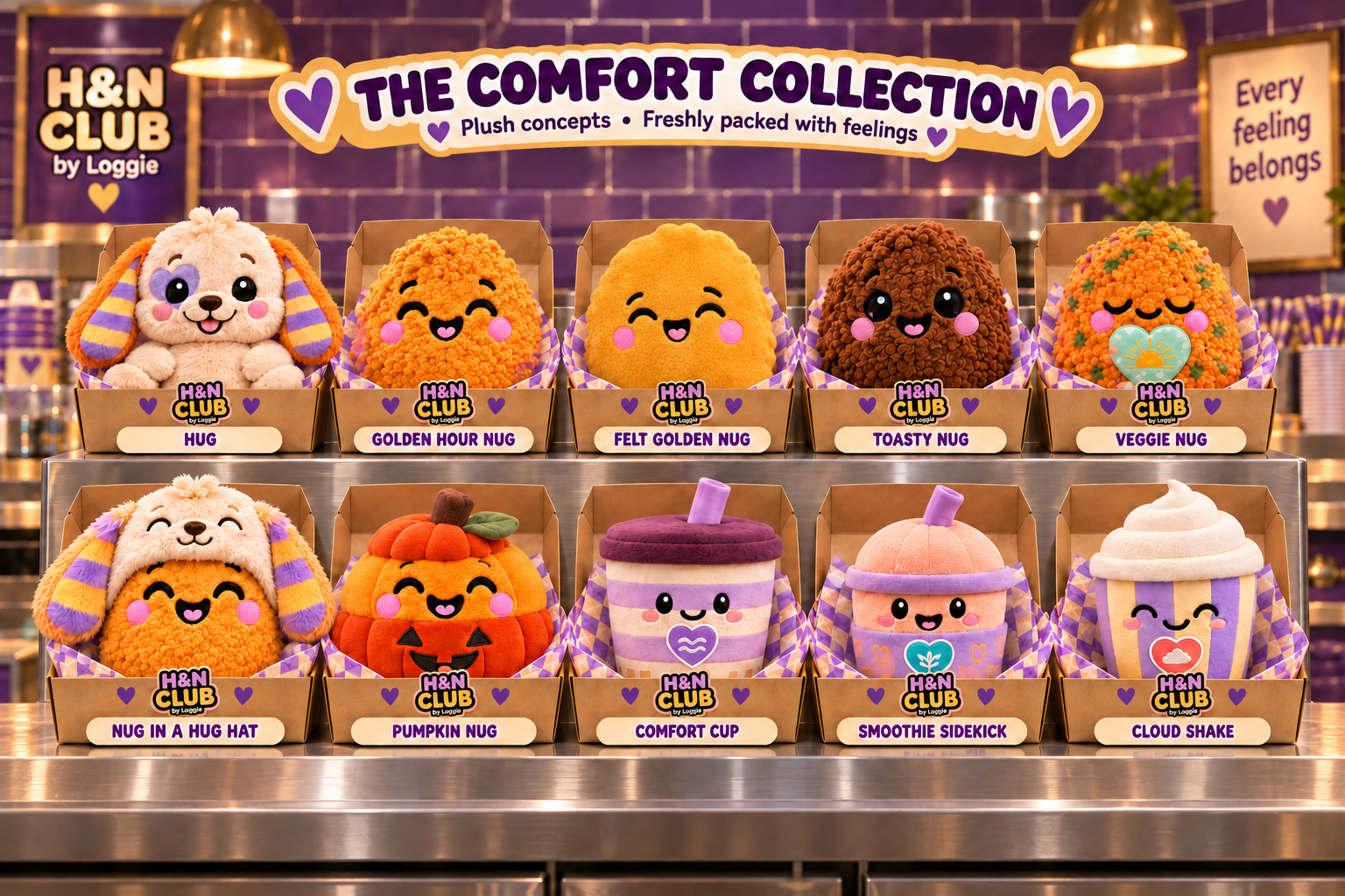 Hug, Nug and drink-shaped stuffie collection previews together at the takeaway counter.