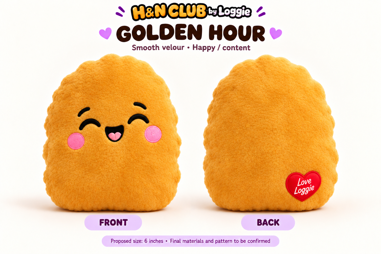 Golden Hour Nug stuffie prototype, showing the front and the Love Loggie heart patch on the back.