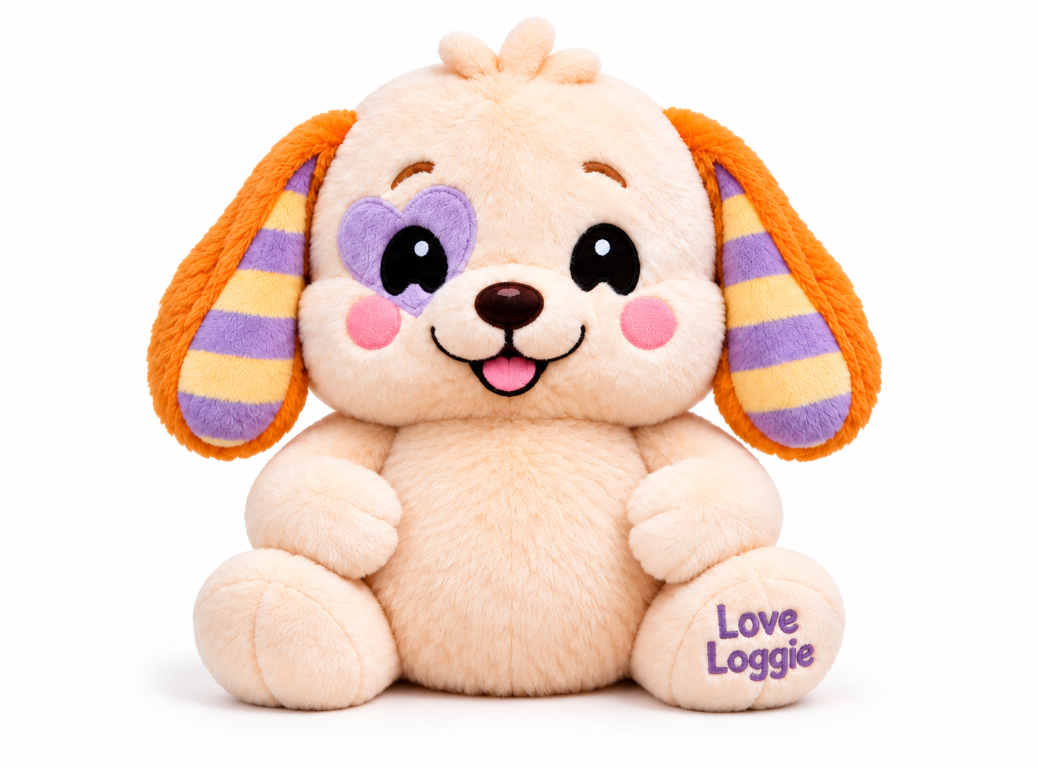 Cream Hug dog stuffie with striped floppy ears and Love Loggie paw embroidery.