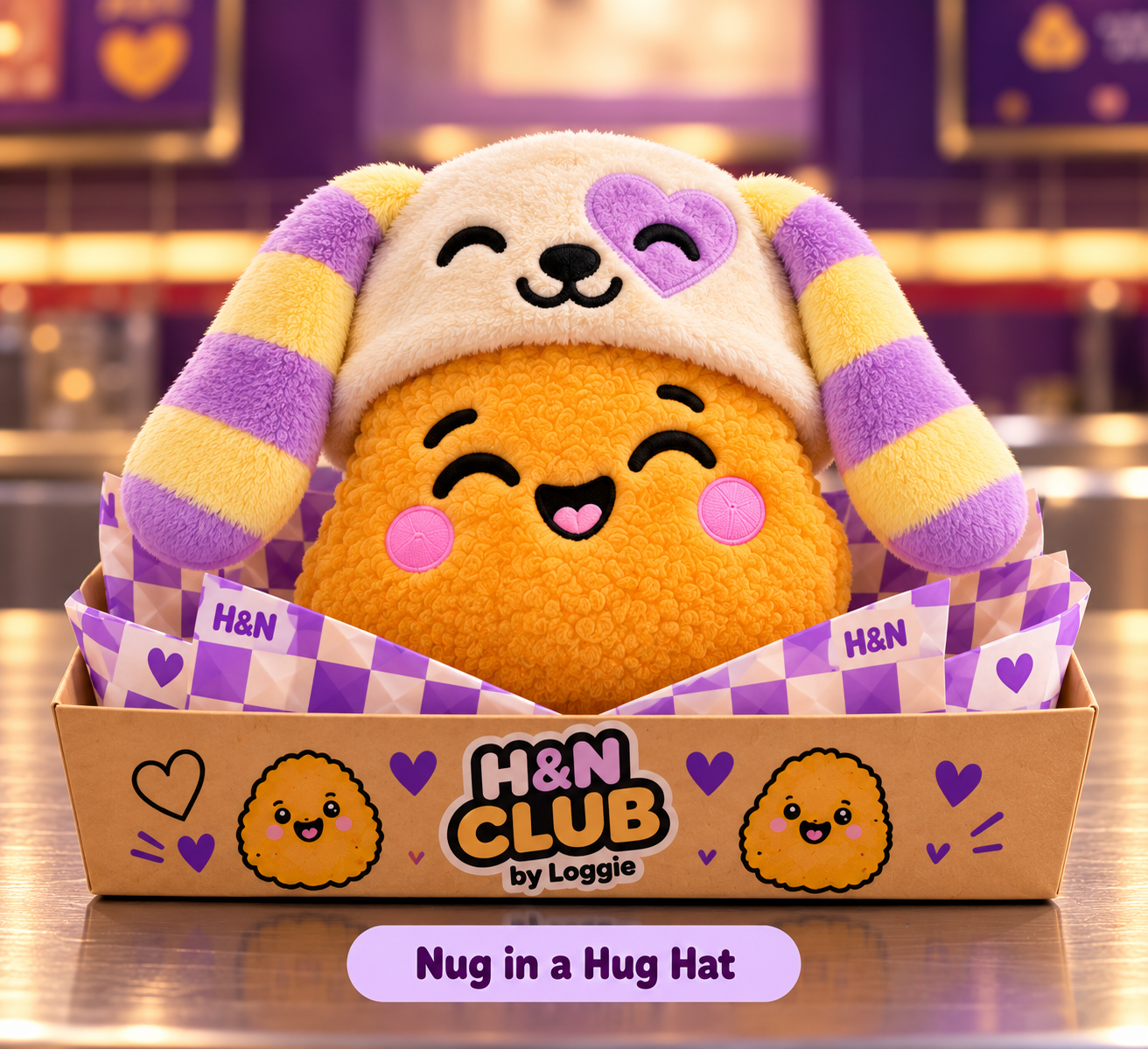 Nug stuffie wearing a floppy-eared Hug puppy hat in a takeaway-style presentation box.