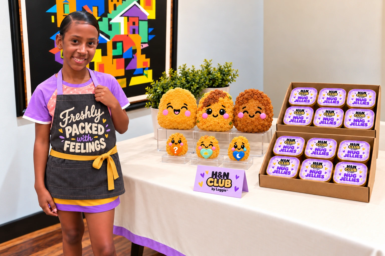 Logan with her Hug and Nug product display